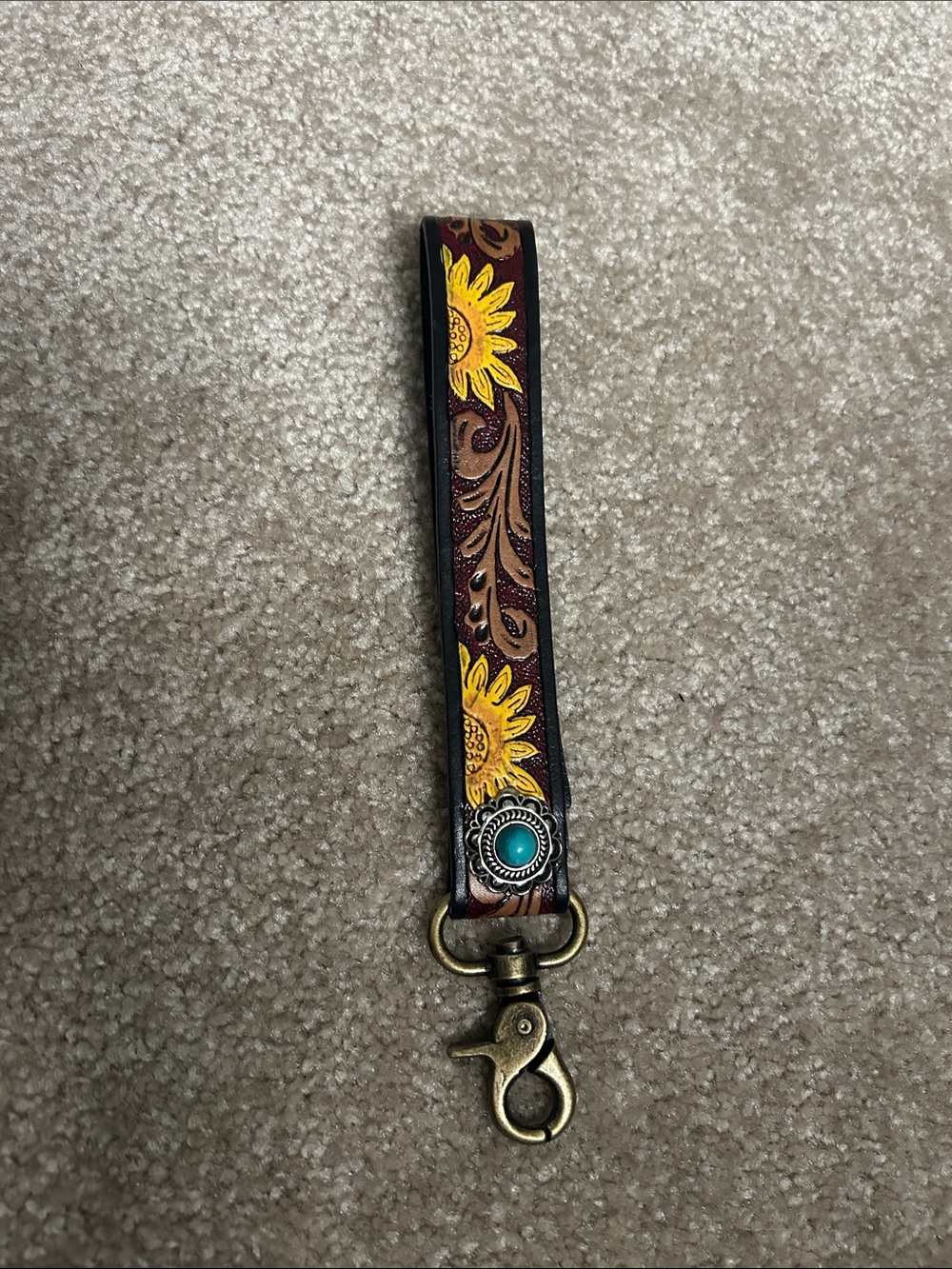 Myra Bag Brown Leather Wristlet Key Holder with Yellow Sunflowers